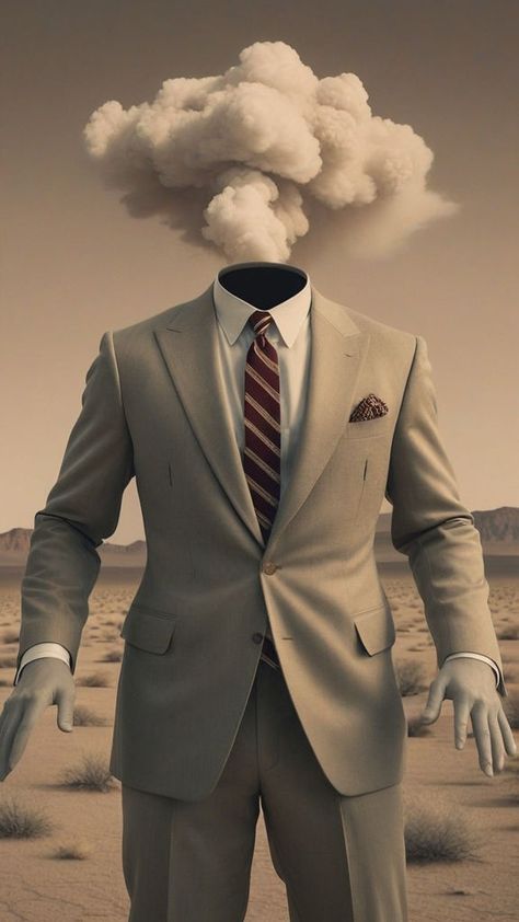 Stunning, hyper-realistic cinematic photography of a man in a headless suit. Instead, a cloud rises up without a face. His posture expresses surprise and he stands in the desert landscape. Photography, Headless Man, Desert Landscape, Cinematic Photography, Desert Landscaping, In The Desert, The Desert, A Face, A Man