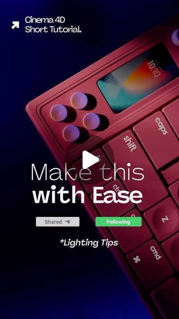 Mohammed Jabbar on Instagram: "Make this with Ease! *Lighting Tips. Cinema 4D Short Tutorial.  Keyboard model by @hloshak   #Cinema4DTutorial #MotionGraphics #3DAnimation #artbyallan #LearnCinema4D #CreativeDesign #GraphicDesign #C4DShortTutorial #DesignInspiration #Cinema4DQuickTips #DigitalArt #VisualEffects #Cinema4DAnimation #DesignTutorial #3DModeling #Cinema4DCommunity #MotionDesign #C4DExplained #TutorialTime #Cinema4DTricks #ArtisticCreation #DesignHacks #DesignTutorial #Cinema4DHowTo #C4DForBeginners #3DDesign #Cinema4DWorkflow #CreativeLearning #VisualStorytelling #CGI  #Cinema4DShorts" Visual Effects, Cinema 4d Tutorial, Lighting Tips, Shorts Tutorial, 3d Motion, Motion Design Animation, Design Animation, Creative Learning, 3d Modeling