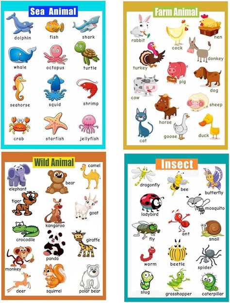 Amazon.com: 4 Pieces Laminated Educational Preschool Posters for Toddlers| Educational Wall Charts | School classroom Posters | Class decorations for Kindergarten- Sea Animal,Farm Animal,Wild Animal, Insect. : Office Products Animals Chart Kindergarten, Farm Animals Preschool Printables, Free Printable Farm Animals, Preschool Goals, Farm Animals List, Nursery Worksheet, Dolch Sight Words Kindergarten, Noahs Ark Preschool, Kindergarten Activity Sheets