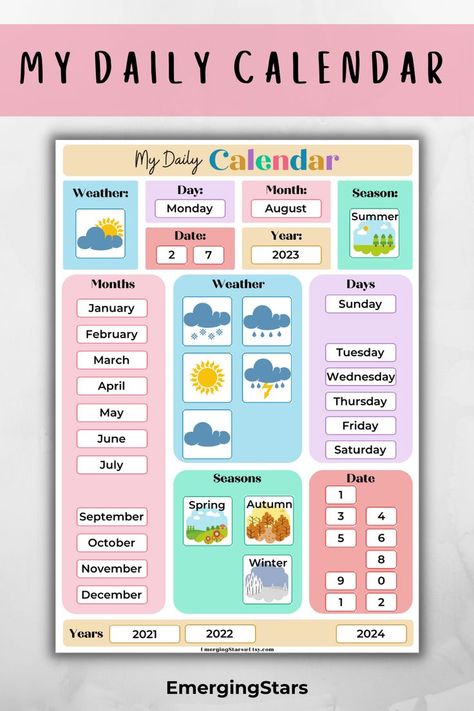 Start your morning routine with My Daily Calendar! The perfect and fun activity for children to learn all about the days of the week, dates, months, years, seasons and weather with this interactive calendar! Ready to download, print and cut out! Need more fun ideas for educational activities? Shop now or view other amazing resources at Emerging Stars! #DailyCalendar #Montessori #daysoftheweek #interactivecalendar #printable Montessori, School Calendar Ideas, Daily Calendar Printable, Teaching Calendar, Montessori Calendar, Seasons And Weather, Weather Calendar, Preschool Calendar, Daily Routine Chart