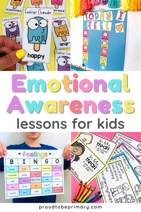 A guide for K-3 classrooms, school counselors, and homeschool teachers on how to teach children about their emotions and develop emotional awareness with lessons and resources. Teach social-emotional learning and find activities, teaching ideas, children's books and mentor texts, and videos for kids. Improve your classroom management with tips for kindergarten, first grade, and second grade. Try the feelings journal, games, yoga, and more. Don't miss the printable emotion activity freebies! Feelings Lessons For Elementary, Kindergarten Social Emotional Lessons, Social Emotional Activities For Kindergarten, Understanding Emotions Activities, Social Awareness Activities For Kids, Social Emotional Lessons For Elementary, Feelings Games For Kids, Social Emotional Learning Activities Kindergarten, Social Emotional Activities Kindergarten