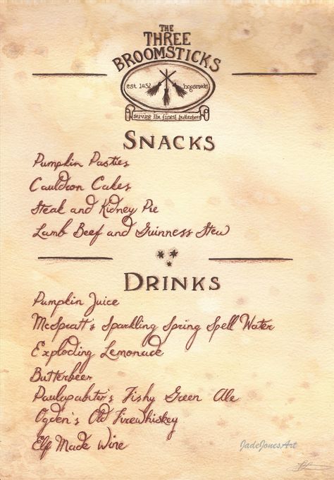 'Three Broomsticks Menu' Menu inspired by the books and films of Harry Potter. Created using watercolour, pencil and ink. https://www.etsy.com/uk/shop/JadeJonesArt 3 Broomsticks, The Three Broomsticks, Jade Jones, Themed Gift Ideas, Harry Potter Rpg, Harry Potter Scrapbook, Harry Potter Journal, Imprimibles Harry Potter, Citate Harry Potter