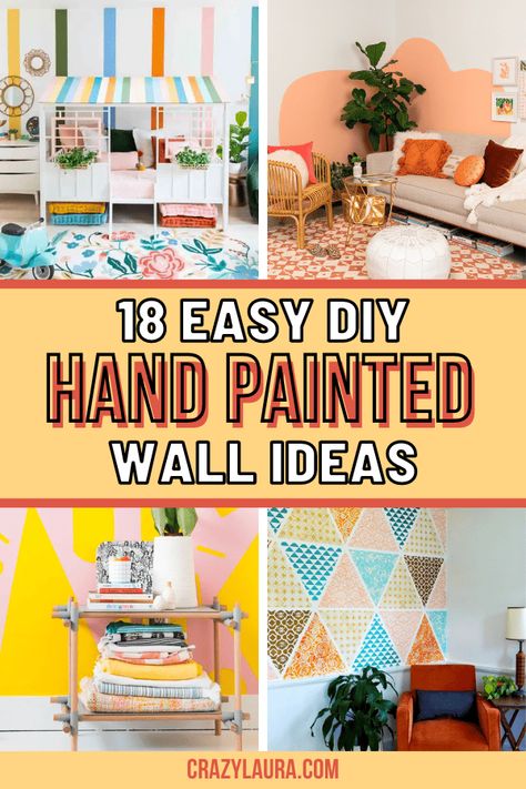 These DIY hand painted walls won't just add character to your wall but are also a great way to be creative during your free time. #DIY #InteriorDesign #HomeDecor Hand Painted Wallpaper Ideas, Homemade Wall Art Paint, Stripe Mural Wall, Drawing Wall Ideas Bedrooms, Diy Painted Mural Ideas, Creative Walls Ideas, Simple Hand Painted Wall Design, Free Hand Wall Painting Pattern, Small Wall Murals Diy