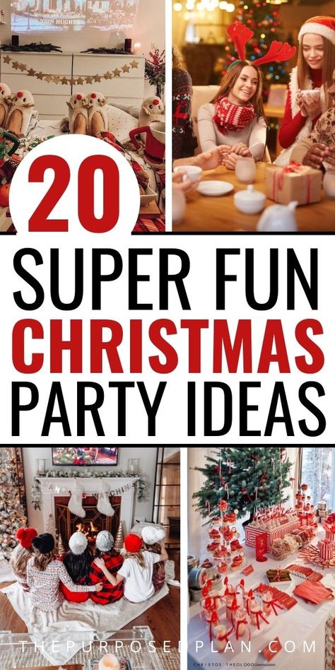 20 Fun Christmas party ideas for adults, Christmas party ideas for family, and Christmas party ideas for work! Discover Christmas party decorations, Christmas party games, and Christmas party themes for a party you won't forget! Christmas Decorating Party Ideas, Natal, Christmas Party Games Family, Christmas Family Fun Night Ideas, Christmas Reunion Ideas, Fun Things To Do At Christmas Party, Girls Night Xmas Party Ideas, Ideas For Family Christmas Party, Family Christmas Night Ideas