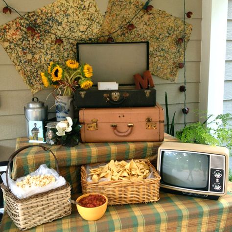 Part of Mark's "vintage" themed graduation party setup. So proud of the hostess, my creative mom! Fall Themed Graduation Party, Vintage Graduation Party Decorations, Graduation Party Ideas Vintage, Eclectic Graduation Party, History Graduation Party, Antique Party Theme, Antique Birthday Party Ideas, Vintage Grad Party, Cottagecore Graduation Party