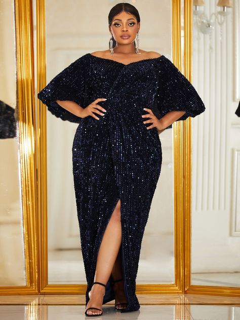 Navy Blue Party Collar Three Quarter Length Sleeve Sequins Plain Fitted Embellished Slight Stretch  Plus Size Dresses Plus Size Gala Dress Classy, Gala Dresses Plus Size, Gala Dresses Classy, Plus Size Gala Dress, Elegant Wedding Dress Ballgown, Event Dresses Classy, Navy Blue Party, Navy Blue Prom Dresses, Black Evening Gown
