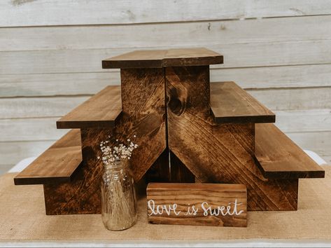 Tiered Cupcake Stand Diy Rustic Wood, Wood Tiered Cupcake Stand, Cupcake Display At Wedding, Cupcake Wedding Display Rustic, Cupcake Stand Diy Wood, Wedding Cake Table Ideas Display Cupcake Stands, Boho Wedding Cake And Cupcake Display, Diy Cupcake Stand Rustic, Cupcake Board Display