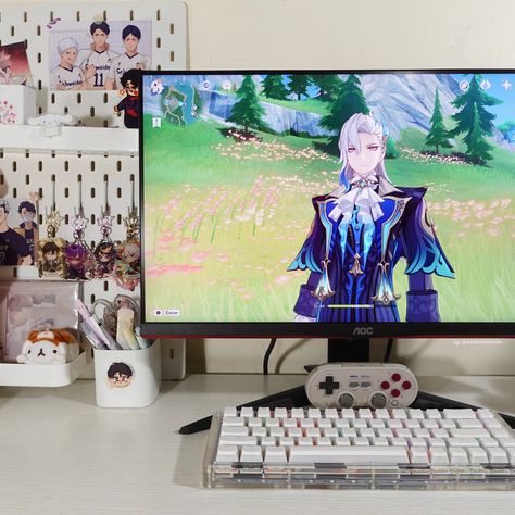 Playing Genshin Aesthetic, Pc Gaming Setup Aesthetic, Vtuber Aesthetic, Gaming Setup Aesthetic, Playing Genshin, Small Room Setup, Genshin Impact Aesthetic, Genshin Aesthetic, Aesthetic Tech