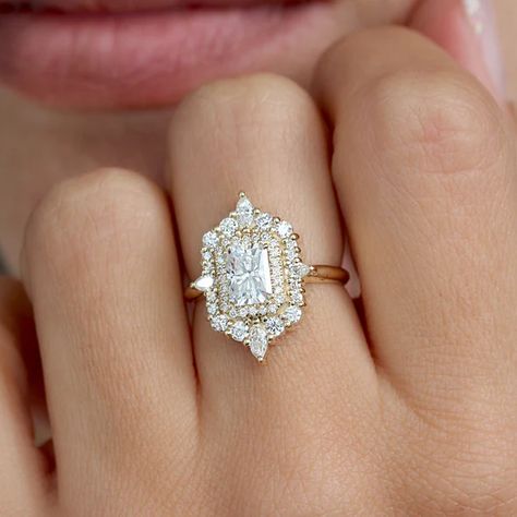 Engagement Rings Diamond Rings | sillyshinydiamonds Engagement Ring Rectangle, Double Halo Diamond Engagement Ring, Pearls Design, Radiant Cut Diamond Engagement Rings, Nice Makeup, Ring Rectangle, Statement Engagement Ring, Makeup Images, Cute Engagement Rings