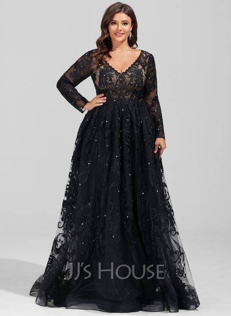 Ball-Gown/Princess V-neck Sweep Train Tulle Lace Evening Dress With Sequins (017196082) - JJ's House