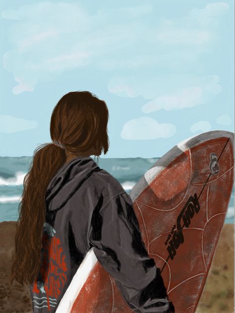 fanart of nina riva, character in the book malibu rising, nina looks out to the sea from the beach, red surf board in hand, brown wavy hair in low ponytail Taylor Jenkins Reid Fanart, Malibu Rising Book Aesthetic, Malibu Rising Aesthetic Book, Malibu Raising, Malibu Rising Fan Art, Beach Read Fanart, Malibu Rising Aesthetic, Malibu Renasce, Nina Riva