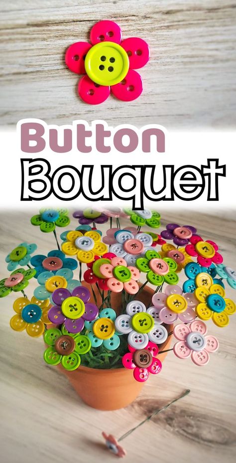 Button Crafts For Kids, Diy Button Crafts, Button Art Projects, Buttons Crafts Diy, Kids Origami, Rose Crafts, Button Bouquet, Spring Decoration, Wall Hanging Crafts