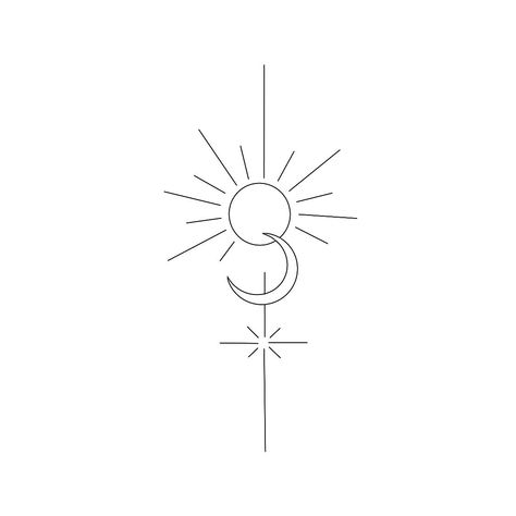 Sun Moon Stars Back Tattoo, Sun Moon And Stars Tattoo Fine Line, Sun Moon Stars Sea Tattoo, Simple Sun Moon Star Tattoo, Sun Moon Star Fine Line Tattoo, Sun And Moon Line Drawing, Moon And Stars Simple Drawing, Sun And Stars Drawing, Minimalist Moon And Stars Tattoo