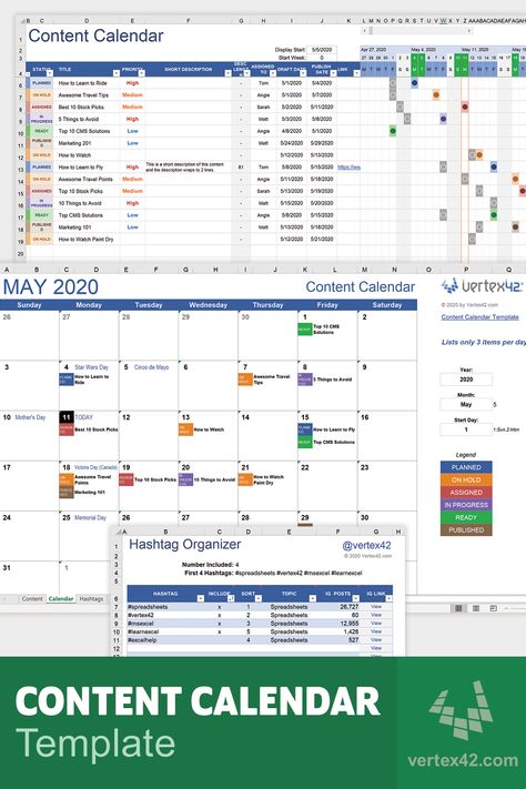 Organisation, Excel Social Media Calendar, Content Calendar Excel, Excel Content Calendar, Content Calendar Spreadsheet, Social Media Calendar Template Excel, Content Marketing Plan Template, Business Excel Templates, Content Brief Template