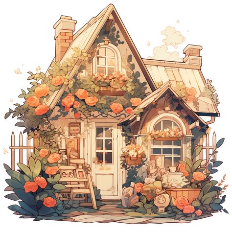 Cozy Cottage with Flowers in Rustic and Cottagecore Style Sticker Rustic Cottage Core Aesthetic, Cute Cozy Illustration, Cartoon Cottagecore Aesthetic, Town Art Illustration, Cottage Illustration Simple, Cottagecore Aesthetic Illustration, Cozy Art Drawing, Fall Cottage Exterior, Cottagecore Art Style