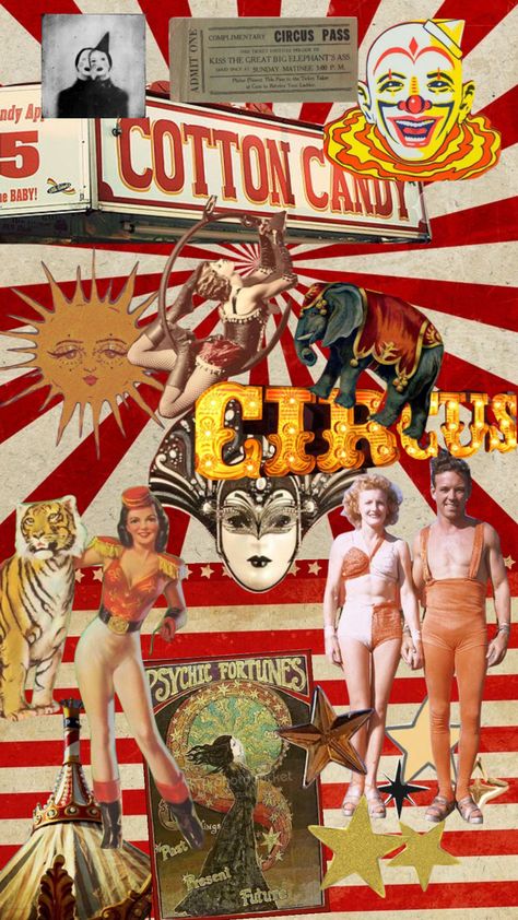 #circus #vintage #collage Carnival Moodboard, Circus Core, Alphabet Dating, Goth Doll, Circus Vintage, Old Circus, Circus Design, Circus Aesthetic, Biggest Elephant