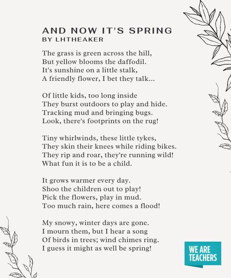 26 Beautiful and Inspiring Spring Poems for the Classroom Poem On Spring Season, Spring Poems For Kids, Spring Poems, Spring Poetry, Summer Poems, Garden Poems, Spring Poem, Poems About School, Seasons Poem