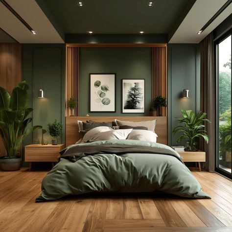 Green Main Bedroom Ideas, Wood And Dark Green Bedroom, Green Wood Interior Design, Wood And Green Bedroom, Small Bedroom Green, Calming Bedroom Ideas Inspiration, Evergreen Bedroom, Moss Green Bedroom, Pine Wood Bedroom