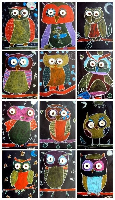 The Lost Sock : Night Owls for Fall Art 2nd Grade, Winter Kunst, Classe D'art, First Grade Art, Fall Art Projects, 2nd Grade Art, 3rd Grade Art, Pastel Sec, Owls Drawing