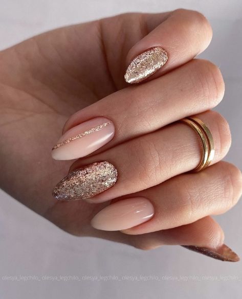 Short Square Nails Designs Simple, Almond Nails Designs With Gold, Nails Fall Wedding Guest, Engagement Nails Ideas Simple Almond, Good And Pink Nails, Nails 2023 Rose Gold, Neutral Rose Gold Nails, Rose Gold Glitter Nails Ombre, Gold Holiday Nails Glitter