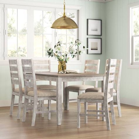 Laurel Foundry Modern Farmhouse Janessa 7 - Piece Dining Set & Reviews | Wayfair Vertical Slats, Classic Cottage, Eating Area, Solid Wood Dining Set, Upholstery Cushions, Brown Tone, 7 Piece Dining Set, 5 Piece Dining Set, Coastal Farmhouse