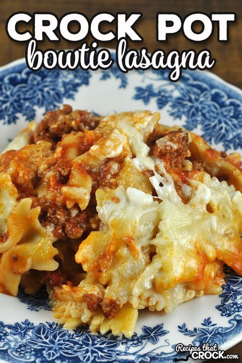 Making lasagna doesn't have to be hard with this Crock Pot Bowtie Lasagna recipe. It is a real crowd pleaser for its taste too! via @recipescrock Essen, Crockpot Bowtie Lasagna, Crockpot Lasagna With Bowtie Pasta, Crock Pot Bowtie Casserole, Pasta Casserole Recipes Crockpot, Crock Pot Soft Foods, Crockpot Bowtie Pasta Casserole, Crock Pot Family Favorites, Crockpot Bowtie Casserole