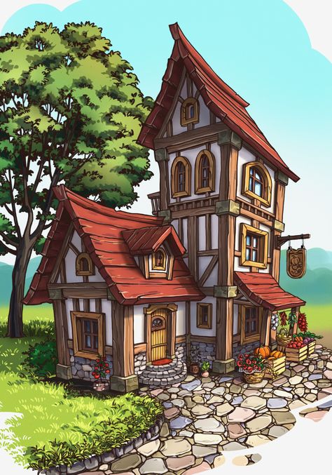 Fantasy House Art, Fantasy House Concept, Stylized House, Casa Fantasy, Fantasy Village, Bangunan Minecraft, Rumah Minecraft, Minecraft Medieval, Medieval Houses