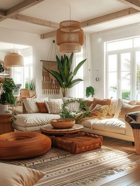 Tropical Bohemian Living Room, Modern Boho Minimalist Living Room, Bohemian Design Interior, Colorful Small Living Room Ideas, Light Maximalist Decor, Apartment Inspiration Colorful, Classic Boho Living Room, Minimalist Boho Decor, Boho Interior Design Bohemian Homes