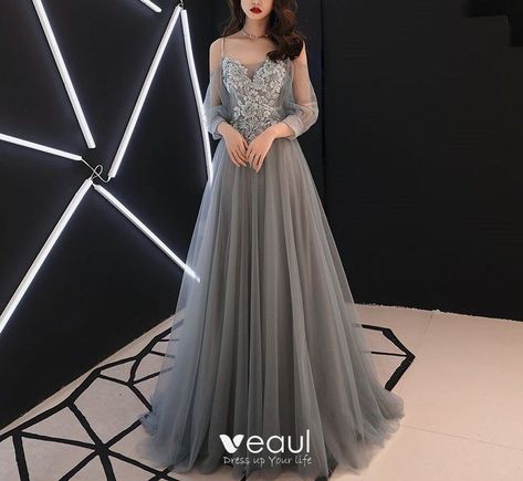 Silver Gowns Elegant, Grey Tulle Dress, Gray Wedding Dress, Gray Evening Dress, Lace Long Prom Dress, Grey Evening Dresses, Backless Formal Dresses, Tulle Evening Dress, Blue Evening Dresses