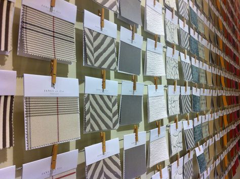 Love the fabric swatches at the Janus et Cie SF showroom Fabric Swatch Display Ideas, Fabric Wall Display, Fabric Samples Display, Fabric Decoration Ideas, Fabric Sample Display, Fabric Swatches Ideas, Swatch Display, Fabric Swatch Display, Fabric Showroom