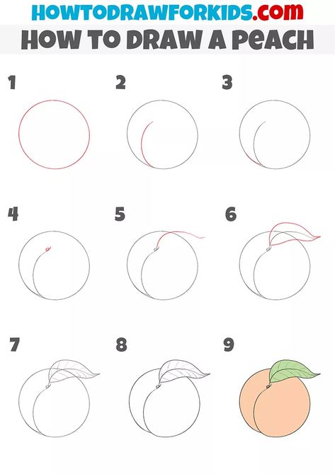 How to Draw a Peach - Easy Drawing Tutorial For Kids Fruits Drawing Step By Step, How To Paint A Peach, How To Draw A Peach, Food Drawing Simple, Peach Drawing Easy, Peaches Drawing, Easy Fruit Drawing, Peach Doodle, How To Draw Fruit