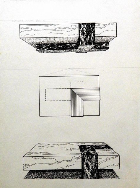 No wood on this 6'-0" x 4'-0" marble coffee table. The top drawing shows the underside; the middle is the table in Plan; the bottom drawing is a perspective. It took six men to move this baby into place. I imagine it's still where they set it down. - L.W,ROTH Croquis, Coffee Table Drawing Sketch, Table Perspective Drawing, Table Sketch Design, Table Drawing Sketch, Coffee Table Drawing, Marble Drawing, Bottom Drawing, Table Sketch