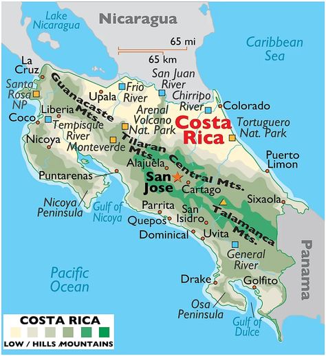 Physical Map of Costa Rica Puntarenas, Cartago, Puerto Limon, Lake Nicaragua, San Juan Costa Rica, Costa Rice, Costa Rica Map, Osa Peninsula Costa Rica, Costa Rica Flag