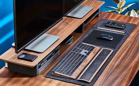 Upgrade Your Workspace With These 12 Stylish Desk Accessories Organisation, Desk Accessories Chic, Shelf Riser, Desk Accesories, Dj Pult, Stylish Desk Accessories, Desk Gadgets, Monitor Desk, Walnut Desk