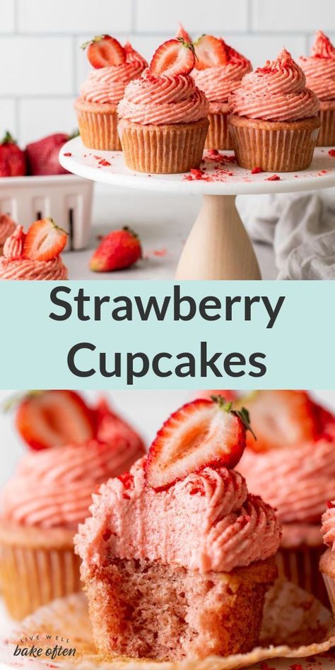 The BEST Strawberry Cupcakes Homemade Strawberry Frosting, Strawberry Cupcake Recipe, Fresh Strawberry Cupcakes, Strawberry Cupcake Recipes, Live Well Bake Often, Strawberry Cream Cheese Frosting, Cheesecake Oreo, Strawberry Cupcake, Cupcakes Recipes