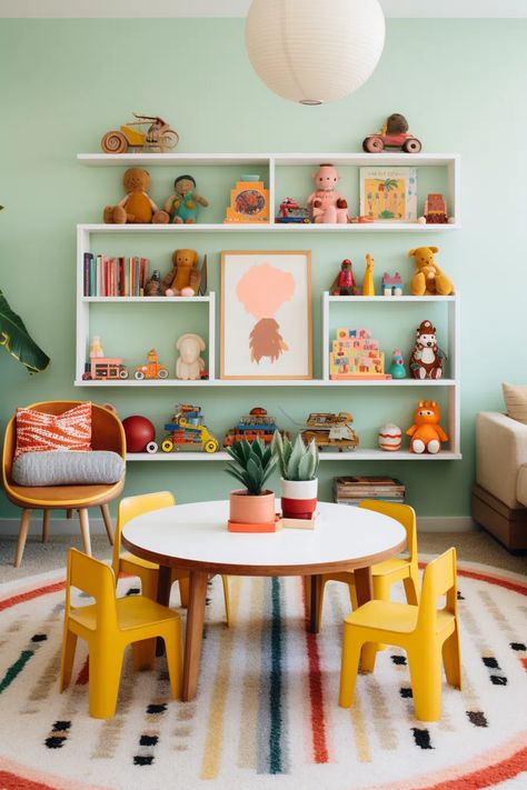 40+ Fun Kids Playroom Ideas Even Adults Love Craft Playroom Combo, Playroom And Dining Room Combo, Dining Room Playroom Combo Ideas, Playroom And Study Room Ideas, Mcm Playroom, Playroom Color Ideas, Colorful Kids Playroom, Narrow Playroom, Conservatory Playroom Ideas