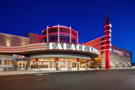 The Marcus Palace Cinema in Sun Prairie is a brand new state-of-the-art modern cinema with 12 auditoriums, designed by TK Architects International #cinemadesign Cinema Architecture, Theatre Architecture, Cinema Exterior Design, Cinema Exterior, Cinema Building, Internal Comms, Googie Architecture, Theater Architecture, Exterior Facade