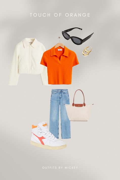 Outfit inspo with orange accents How To Style Orange Top, How To Style Orange Shirt, Orange Top Outfit Ideas, Outfits With Orange, Orange Shirt Outfit, Orange Top Outfit, Shoulder Bag Outfit, Colorful Outfit, Longchamp Bag