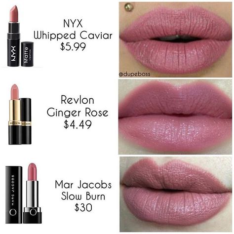 DUPE PROOF  Looking for a beautiful dusty rose lipstick?! WELL @marcbeauty Lip Créme in the shade Slow Burn ($30) has 2 alternatives that come very close in shade! The @nyxcosmetics lipstick in the shade Whipped Caviar for $5.99 AND the @revlon lipstick in shade Ginger Rose for $4.49! What's your fav? Comment Below  We hope this dupe helped @_gryffindors ❤️❤️ #nyx swatch by @lizbranquela  #revlon swatch by @flrnc.x ❤️ and #marcjacobs swatch by @dontcallmejesse #dupeboss Make Up Lips, Dusty Rose Lipstick, Ginger Rose, Best Lipstick Color, Revlon Lipstick, Lipstick Kit, Makeup Lips, Rose Lipstick, Lipstick Art