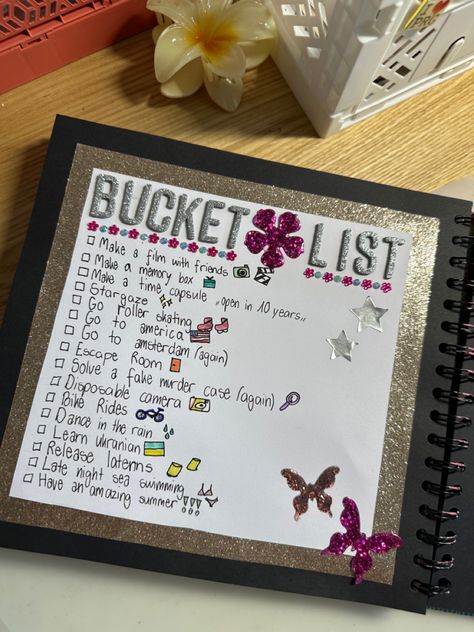 Scrapbook Ideas Bucket List Summer 2023 TeenLife Scrapbook Call me Bea Scrapbook Bucket List Page, Bucket List Scrapbook Ideas, Summer Bucket List Scrapbook, Cute Scrapbook Cover Ideas, Scrapbook Ideas Teenage, Scrapbook Ideas Sisters, Teenage Life Scrapbook, Summer Scrapbook Ideas Cover, Bucket List Design Ideas