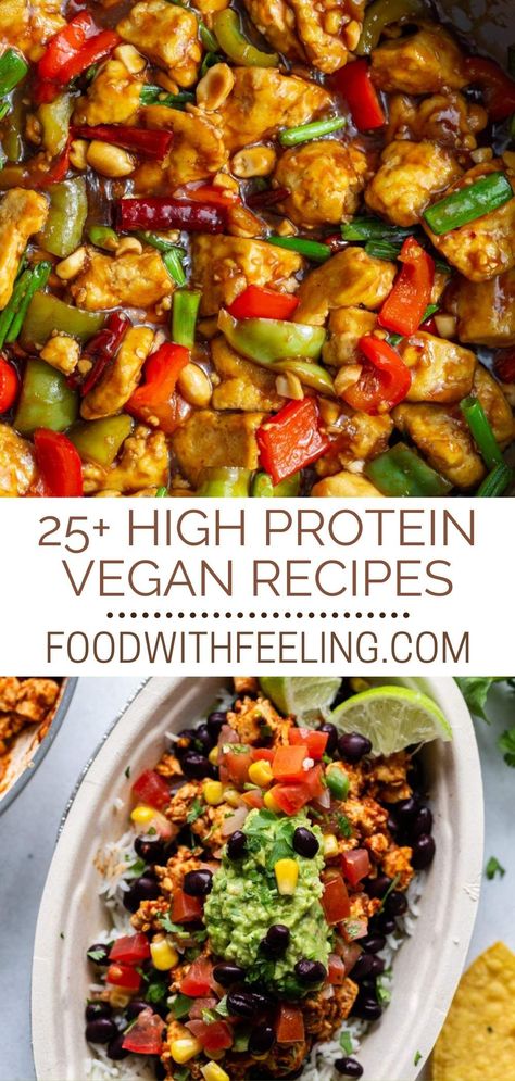 Looking for vegan and plant-based recipes that have plenty of protein? This roundup features over 25 High Protein Vegan Recipes that are easy to make and incredibly delicious. There's something for everyone, from soups and chilis to air fryer tofu and tempeh tacos. Each recipe is packed with nutrients, super satisfying and offers over 15 to 20 grams of plant-based protein per serving. Essen, Vegan High Protein Salads, High Protein Veggie Recipes, Vegan Dinners High Protein, Satisfying Vegan Meals, High Protein Vegan Soups, High Protein Vegan Chili, Vegetarian Soup High Protein, Plant Base High Protein