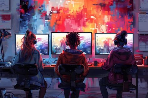 Photo group of friends playing computer ... | Premium Photo #Freepik #photo Ppt Ideas, Playing Computer, Friends Playing, Play Computer Games, Computer Games, Photo Grouping, Cartoon Games, Group Of Friends, Art References