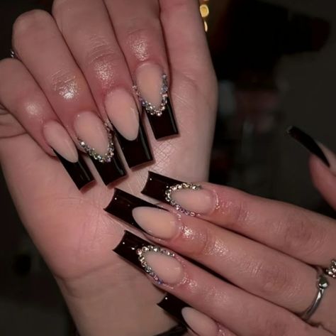 Nude With Black French Tips And Rhinestones Long Square Coffin Shape 24 Count Comes With Jelly Glue And Nail File New In Package Square Nails Ideas Black, Nail Black French, Nails August, Nail Korean, Black And Nude Nails, Black Prom Nails, Nail Halloween, Black Toe Nails, Fairy Nails