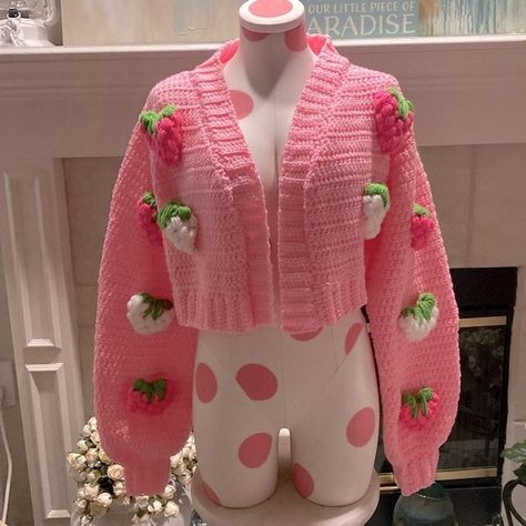 Crochet Strawberry Cardigan New Excellent Condition Listing Is For Cardigan Onlygift Idea Victoria’s Secret Mannequin Not Included Brand New Crochet Cardigan /Sweater/Knit Excellent Condition Crochet Strawberry Cropped Cardigan/Jacket Strawberry Crochet Cardigan Colour Pink/White/Green Red Heart Super Saver Yarn 100% Acrylic Size Small/Medium Chest Area Appx 26” Waist Appx 21” Shoulder To Shoulder Appx 14” Jacket Length In The Front End Back Is Appx 15” V Neck Line / No Buttons Puffy Sleeves Is Kawaii, Crochet Puffy Sleeves Cardigan, Steady Hands Cardigan, Crochet Short Sleeve Cardigan Pattern, Crochet Crop Jacket, Crochet With Yellow Yarn, Fairygrunge Crochet, Free Crochet Patterns Cardigan, Crochet Cardigan Layout