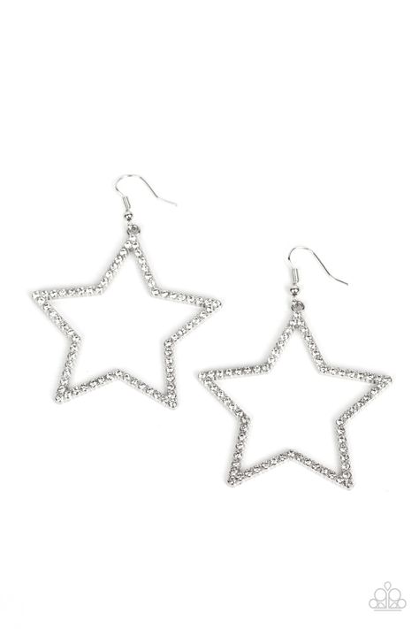 Sparkly white rhinestones adorn the front of an oversized silver star silhouette, sparking into a stellar centerpiece. Earring attaches to a standard fishhook fitting. Sold as one pair of earrings. " Sparkly Star Earrings, Silver Star Accessories, Silver Sparkly Jewelry, Silver Star Jewelry, Glittery Accessories, Fashion Paparazzi, Sparkly Clothes, Sparkle Accessories, Star Items