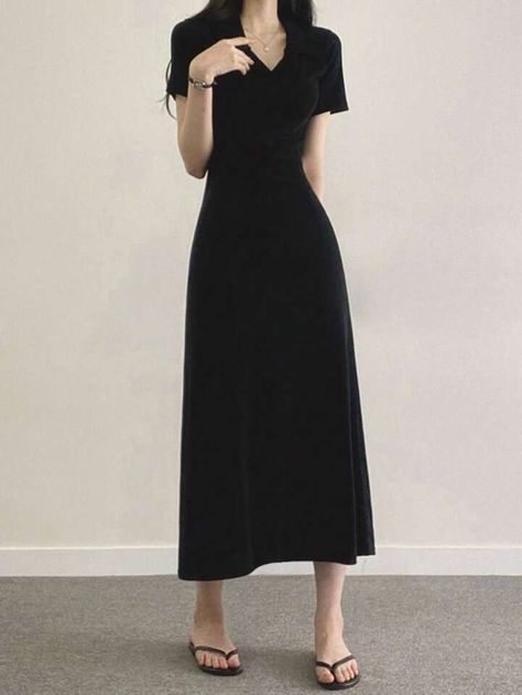 Long Black Dress Casual, Long Black Dress Formal, Black Long Dress, Gowns Dresses Elegant, Black Dress Formal, Long Midi Dress, Collar Neck, Long Dress Casual, Long Black Dress