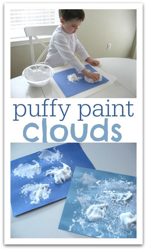 Puffy Paint Clouds                                                                                                                                                     More Weather Lesson Plans, Weather Activities Preschool, April Preschool, Cloud Activities, Paint Clouds, Weather Lessons, Preschool Weather, Weather Art, Weather Crafts