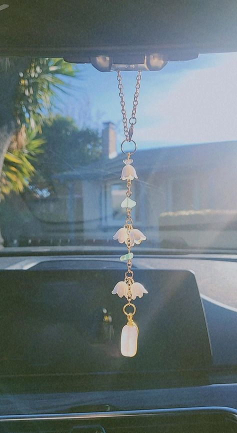 Lily of the valley with rose quartz Car Rear View Mirror Accessories, Car Hanger, Car Charm, Sun Catcher, Room Decor -  #accessories #Car #Catcher #Charm #decor #Hanger #Lily #Mirror #Quartz #Rear #Room #Rose #Sun #Valley #View San Jose, Car Interior Decor Ideas Diy, Mirror Hangers For Cars, Flower Car Accessories, Kawaii Car Decor, Diy Car Charms Rear View Mirror, Diy Car Mirror Hangers, Car Chandelier, Diy Car Charms