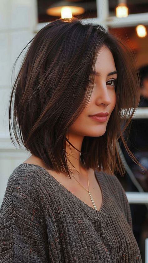 Long Bob Hairstyles With Side Part, Medium Haircut Thinning Hair, Lob Haircut Round Face Shoulder Length, Womans Medium Haircut, Long Bob With Round Face, Extreme A Line Haircut, Short Hair Long Bob, Lob Haircut With Face Framing, Shoulder Length A Line Haircut