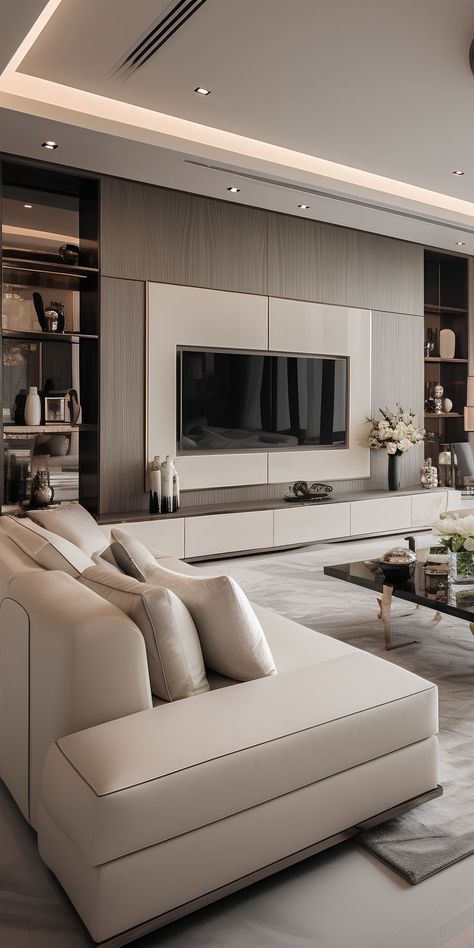 An expansive L-shaped sofa transforms the living space, exuding a contemporary flair. The penthouse's living room elegantly integrates the TV unit, highlighting modern interior design techniques. Large Living Room Layout, Living Room Designs Modern, Modern Tv Room, Modern Apartment Living Room, تصميم داخلي فاخر, تصميم للمنزل العصري, Living Room Tv Unit, Apartment Living Room Design, Living Room Design Inspiration